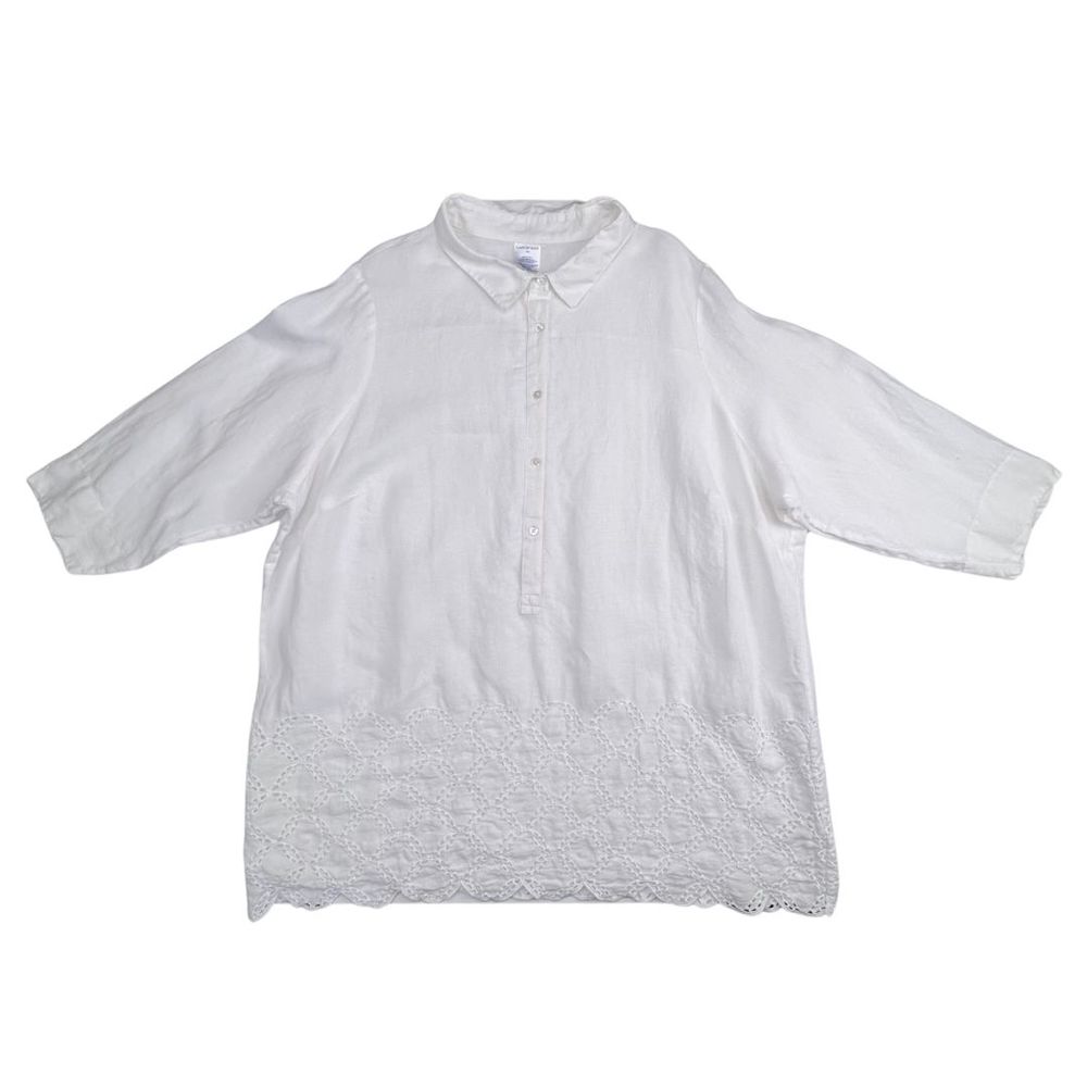 Lands End Blouse Womens 24 White Linen Boho Relaxed Eyelet Lace Scalloped Tunic - Picture 1 of 9